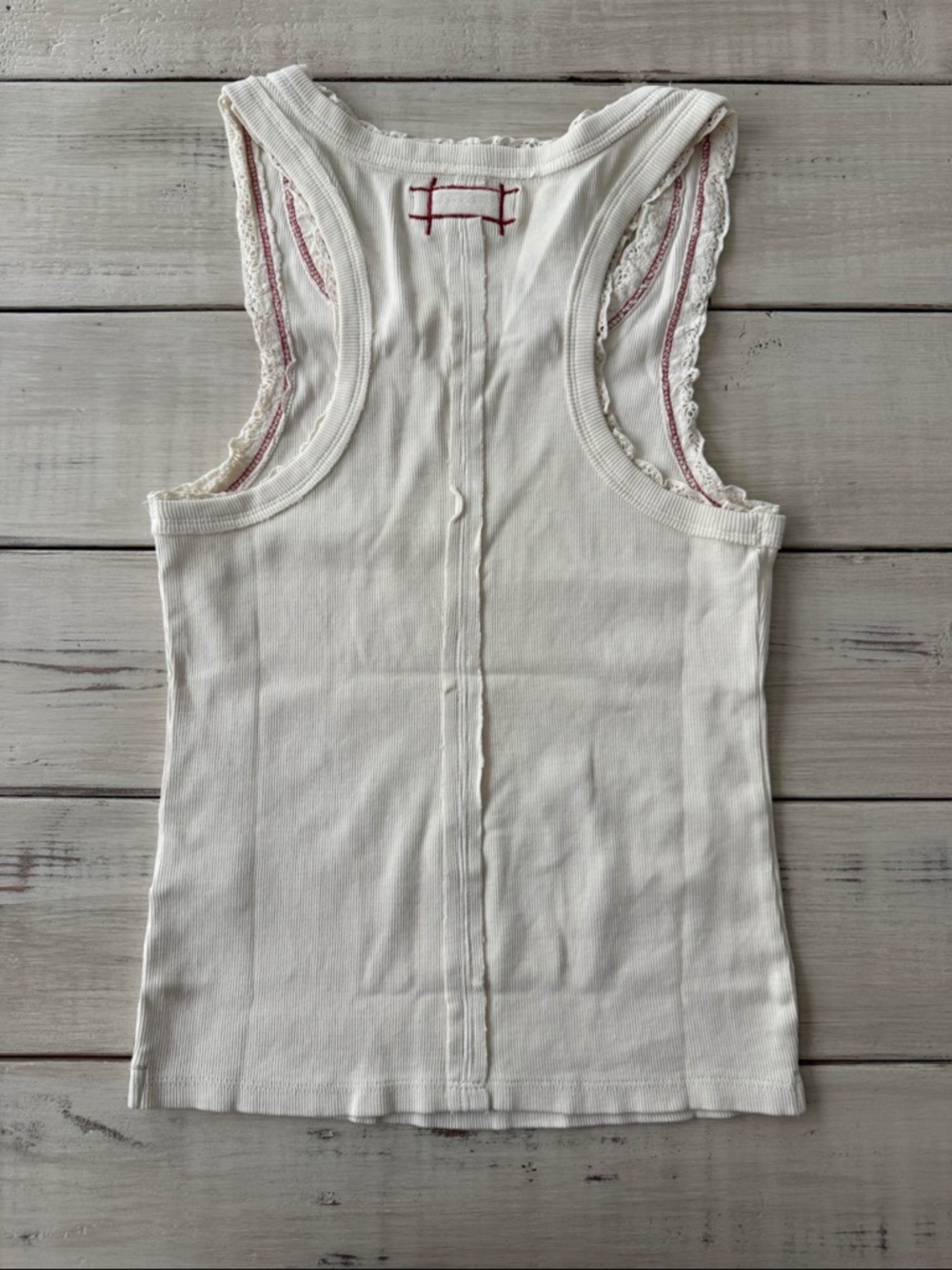 Free People White Cream Ribbed Lace Trim Tank Top